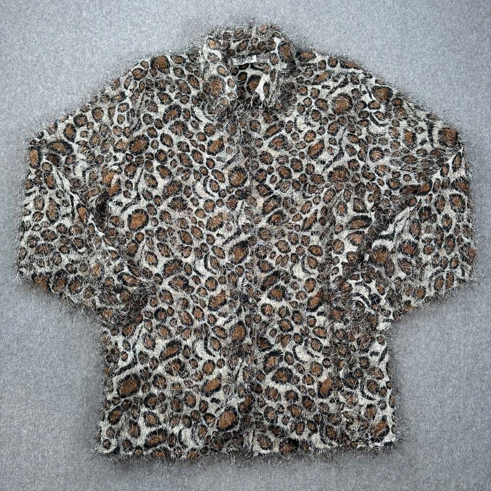 Selene Sport Vintage Leopard Print Shaggy Blouse Womens Large Sheer Button Front